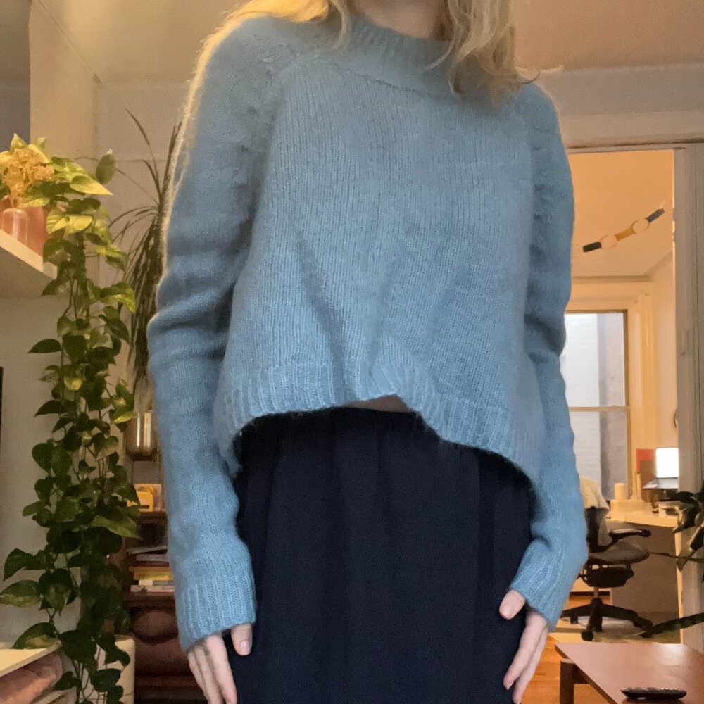 Rachel Comey Light Blue Cashmere-Like Cropped Sweater with Puff Sleeves